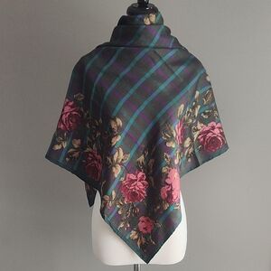 Carlisle 100% Teal and Purple Plaid Floral Scarf With Hand Rolled Edges
